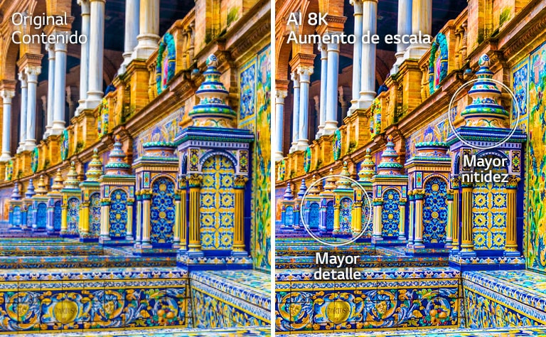 Imágenes paralelas de un edificio con mosaicos de colores brillantes. La de la derecha muestra el original y la de la izquierda muestra la imagen después de la actualización de IA a 8K con mayor detalle y nitidez.