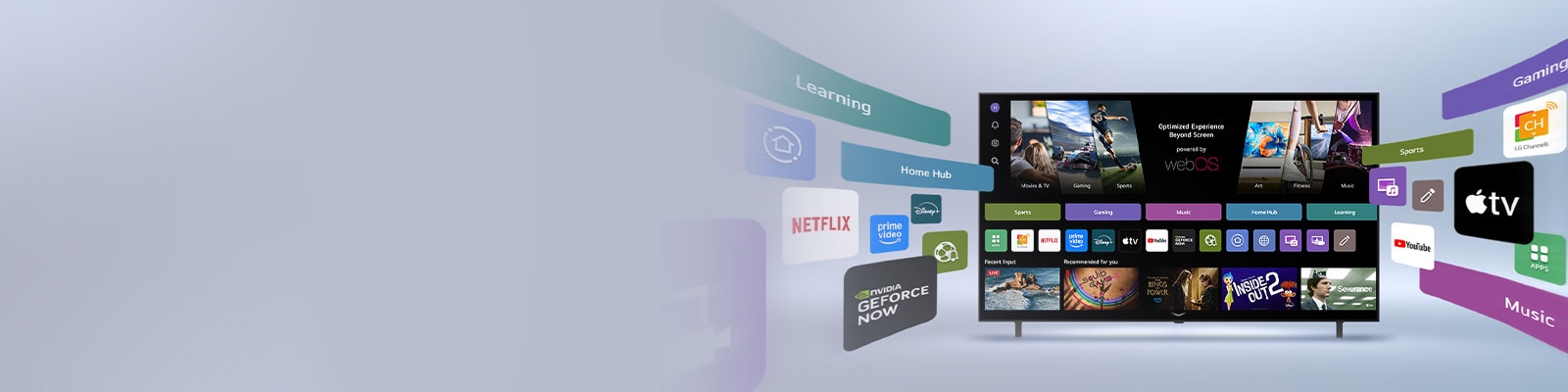 'LG Smart TV mostrando la pantalla de inicio de webOS con aplicaciones de entretenimiento y elementos de interfaz de usuario de LG Channels que se extienden dinámicamente hacia fuera, destacando más de 4000 aplicaciones y canales globales.