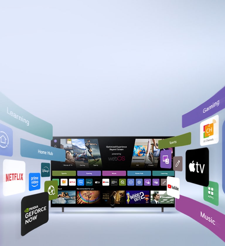 'LG Smart TV mostrando la pantalla de inicio de webOS con aplicaciones de entretenimiento y elementos de interfaz de usuario de LG Channels que se extienden dinámicamente hacia fuera, destacando más de 4000 aplicaciones y canales globales.