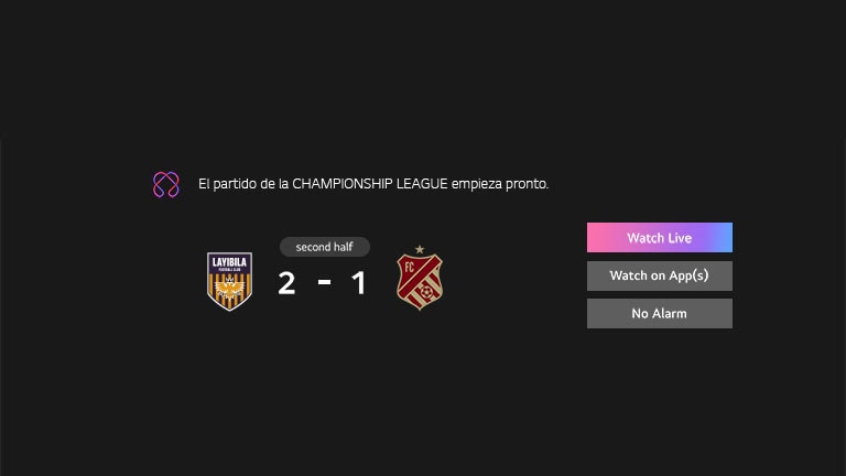 Se muestra Sports Notification. Es un recordatorio de que el partido de la liga está a punto de comenzar. Los botones de CTA también están visibles: ver en vivo, ver en la aplicación, sin alarma.