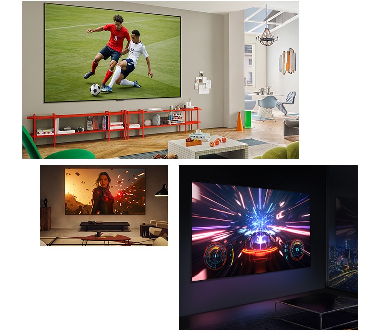 Diferentes salas de estar con gente disfrutando de sus TV ultragrandes de diferentes maneras. En una habitación, están viendo deportes. En la otra habitación, están viendo una película. En la última habitación, hay un videojuego en la pantalla.