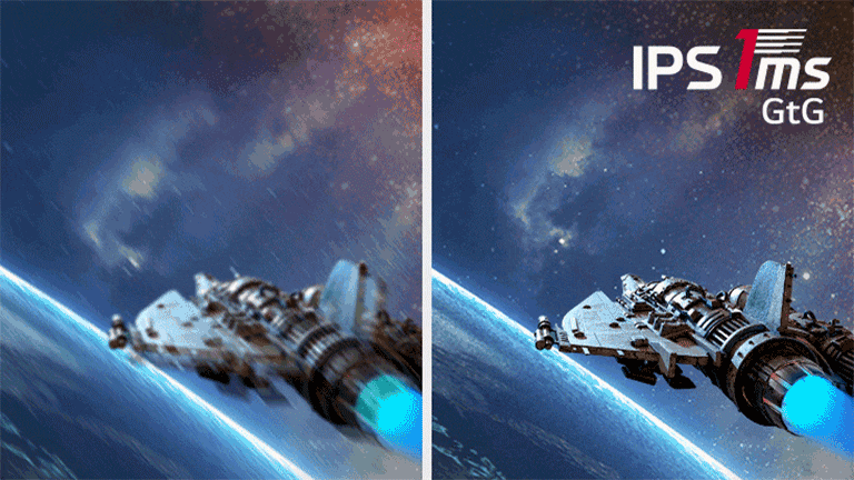 Muestra dos animaciones comparadas de un avión de combate. Las dos animaciones parecen iguales, pero la primera, sin 1ms(GtG) aplicado, es menos clara que otra.	