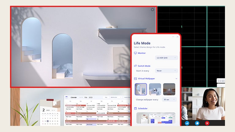 La aplicación LG Switch ayuda a optimizar el monitor para un entorno de trabajo eficiente, como dividir la pantalla en seis áreas, gestionar los horarios o iniciar fácilmente la plataforma de videollamadas mediante teclas de acceso directo asignadas.