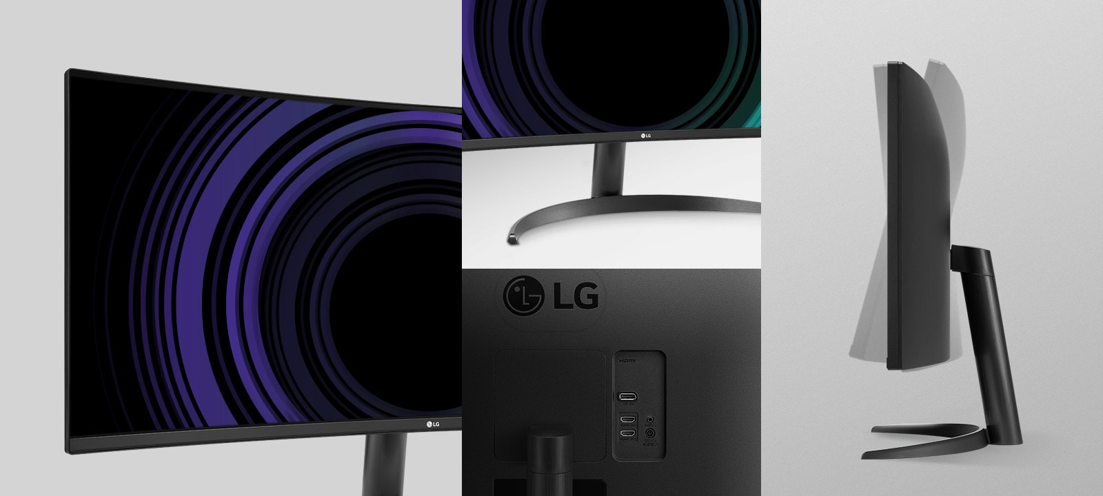 Imagen que muestra el monitor prácticamente sin bordes en 3 lados, ajustable en inclinación y peana en One Click