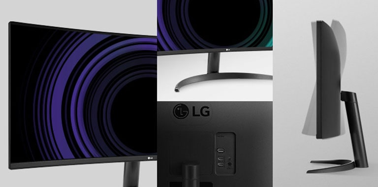 Imagen que muestra el monitor prácticamente sin bordes en 3 lados, ajustable en inclinación y peana en One Click