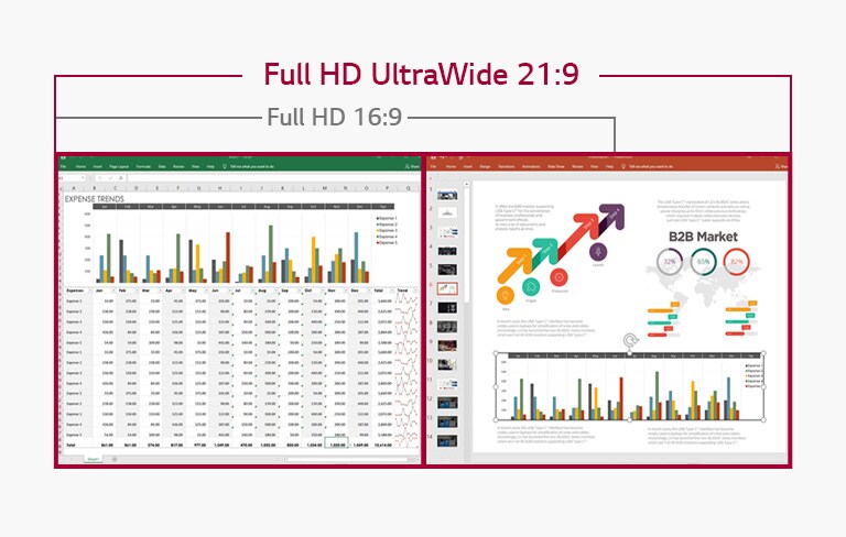 Imagen de visualización de hojas de datos y diapositivas unas al lado de las otras en la pantalla de UltraWide Full HD 21:9, mientras que la pantalla de Full HD 16:9 no lo permite debido a la falta de espacio.