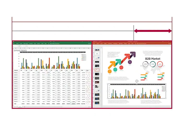 Imagen de visualización Side-by-Side de hojas de datos y diapositivas en la pantalla 21:9 Full HD UltraWide, algo que la pantalla 16:9 Full HD no permite por falta de espacio.