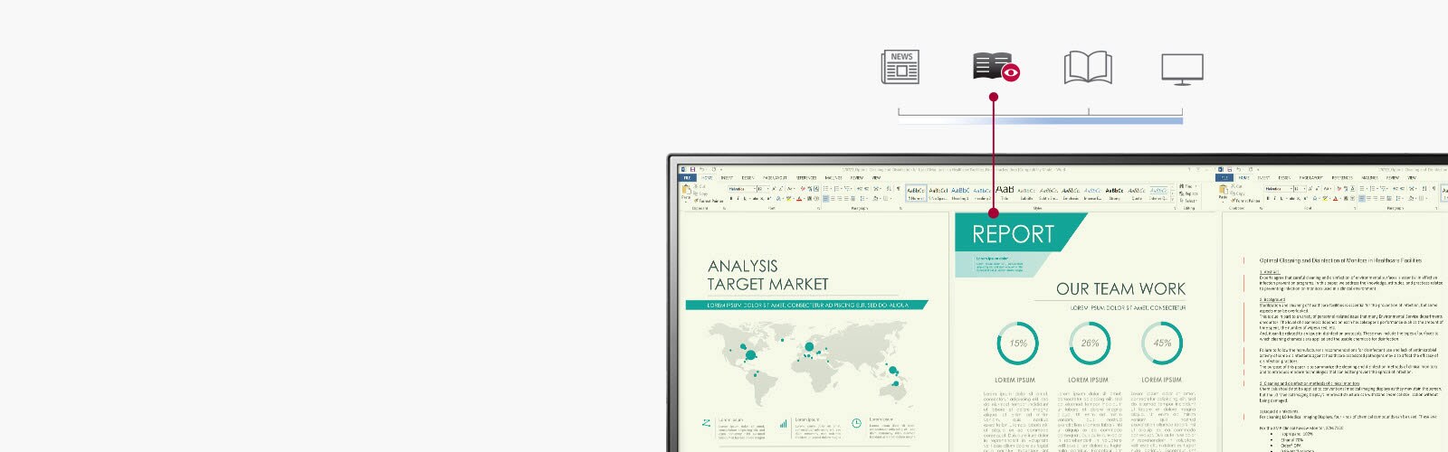 Informe de trabajo mostrado en el monitor que emite luz azul reducida con la temperatura de color similar al papel, en comparación con el modo convencional