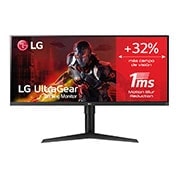 LG 34WP65G-B - Monitor LG UltraGear UltraWide (Panel IPS: 2560x1080p, 21:9, 400 cd/m², 1000:1, 5ms “1ms con MBR”); entradas: DP x1, HDMI x1; AMD FreeSync™, Vista frontal, 34WP65C-B, thumbnail 1