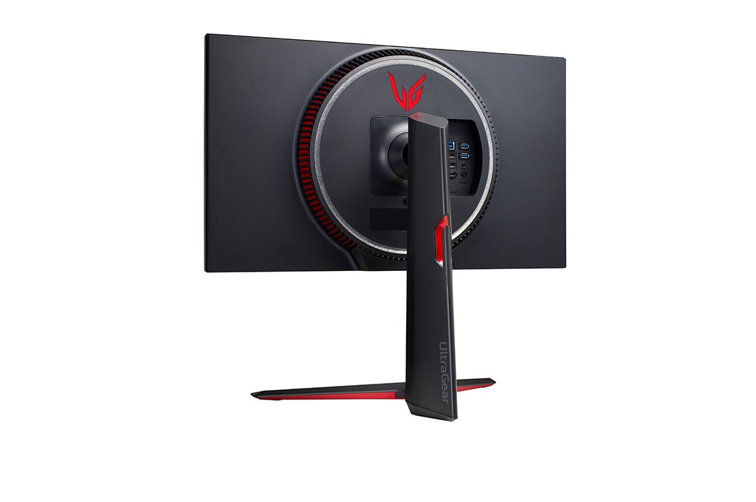 LG  LG 27GP950-B - Monitor Gaming LG UltraGear (Panel NanoIPS: 3840x2160, 400nit, 1000:1, DCI-P3>98%, 1ms); diag. 68,47cm; entr.: HDMI 2.1 x2, DPx1, USB-Ax3; AMD Freesync G-Sync Compatible, vista trasera con luces multicolores encendidas, 27GP950-B, thumbnail 8