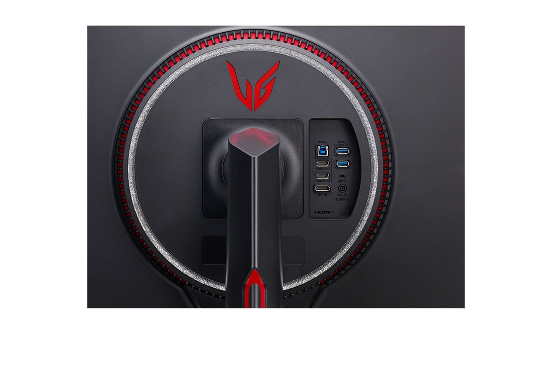 LG  LG 27GP950-B - Monitor Gaming LG UltraGear (Panel NanoIPS: 3840x2160, 400nit, 1000:1, DCI-P3>98%, 1ms); diag. 68,47cm; entr.: HDMI 2.1 x2, DPx1, USB-Ax3; AMD Freesync G-Sync Compatible, vista de la perspectiva trasera con luces multicolores encendidas, 27GP950-B, thumbnail 10