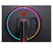 LG  LG 27GP950-B - Monitor Gaming LG UltraGear (Panel NanoIPS: 3840x2160, 400nit, 1000:1, DCI-P3>98%, 1ms); diag. 68,47cm; entr.: HDMI 2.1 x2, DPx1, USB-Ax3; AMD Freesync G-Sync Compatible, vista de la perspectiva trasera con luces multicolores encendidas, 27GP950-B, thumbnail 11