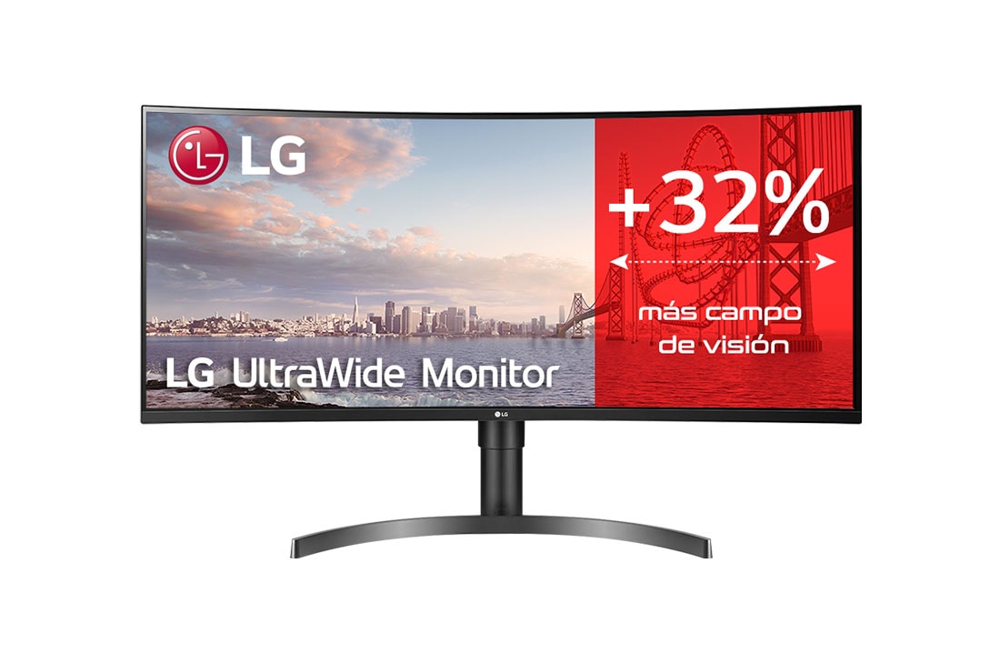 LG 35WN75C-B - Monitor Ultrapanorámico 21:9 LG UltraWide (Panel VA: 3440x1440, 300cd/m², 2500:1, sRGB>99%, curvo); diag. 88,9cm; entr.: HDMIx2, DPx1, USB-Cx1, USB-Ax2; HDR10; altavoces 2x7W; Ajust. en altura e inclinación., Vista frontal, 35WN75C-B