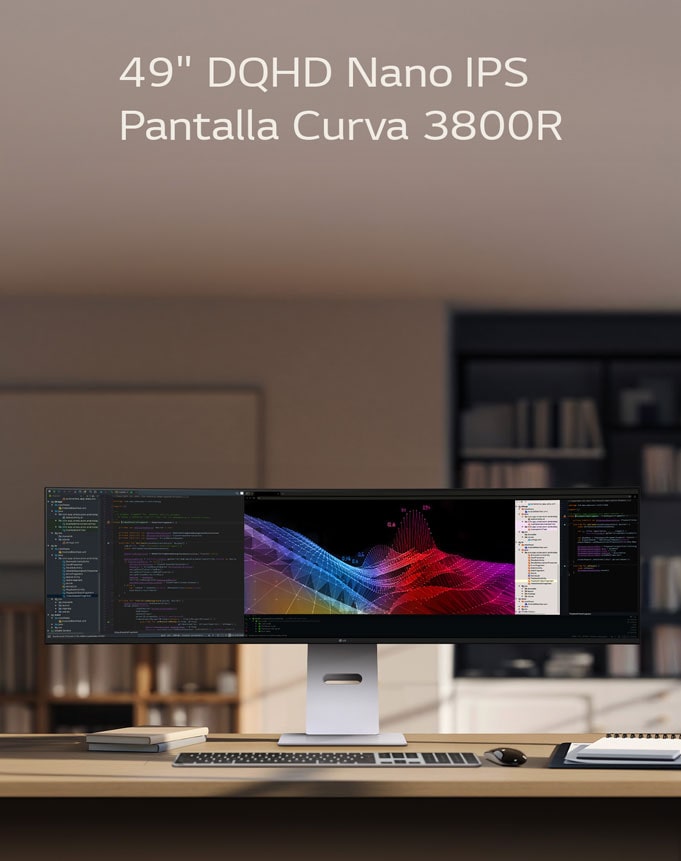 A modern home office setup featuring a large ultra-wide LG monitor displaying data dashboards and graphs, with a wireless keyboard and mouse on a wooden desk.	