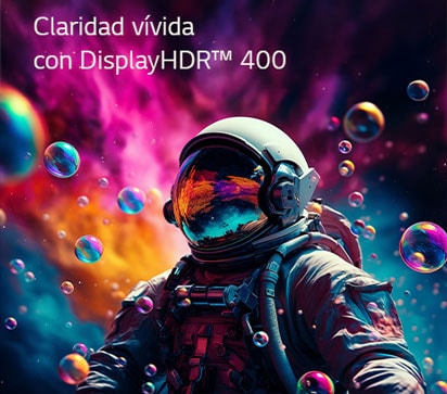 Colorful sci-fi astronaut scene showcasing vivid clarity with DisplayHDR 400 on the LG UltraWide monitor.	