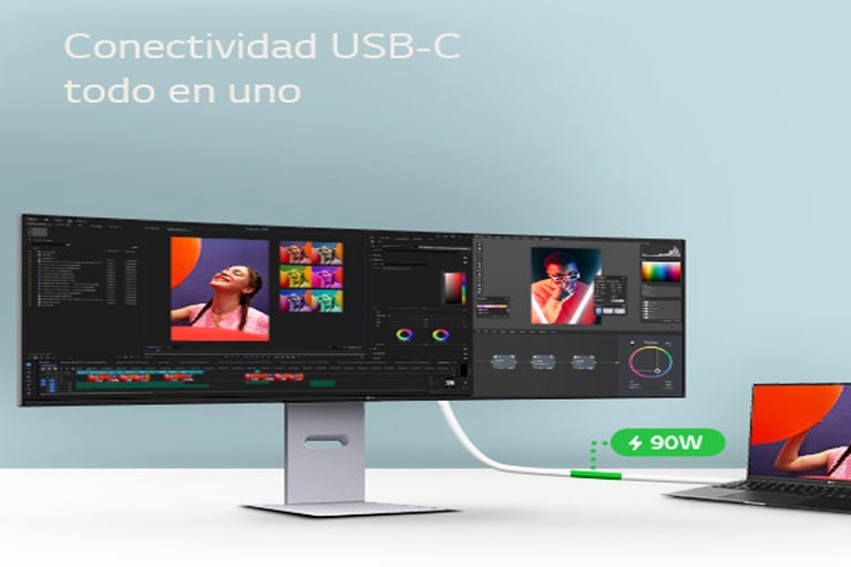 A USB Type-C cable connected between a laptop and an ultra-wide LG monitor displaying a video editing interface, with a close-up showing the USB-C port on the monitor.	