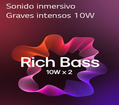Visual graphic highlighting immersive sound with dual 10W speakers and rich bass performance.	