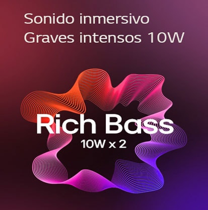 Visual graphic highlighting immersive sound with dual 10W speakers and rich bass performance.	