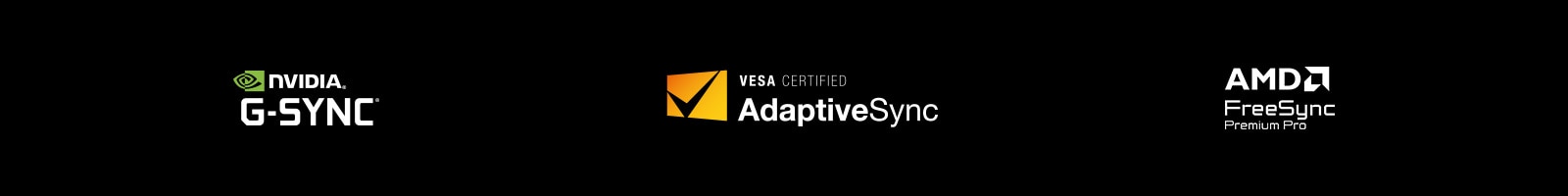 Logos of NVIDIA G-SYNC, VESA AdaptiveSync, and AMD FreeSync Premium Pro.	