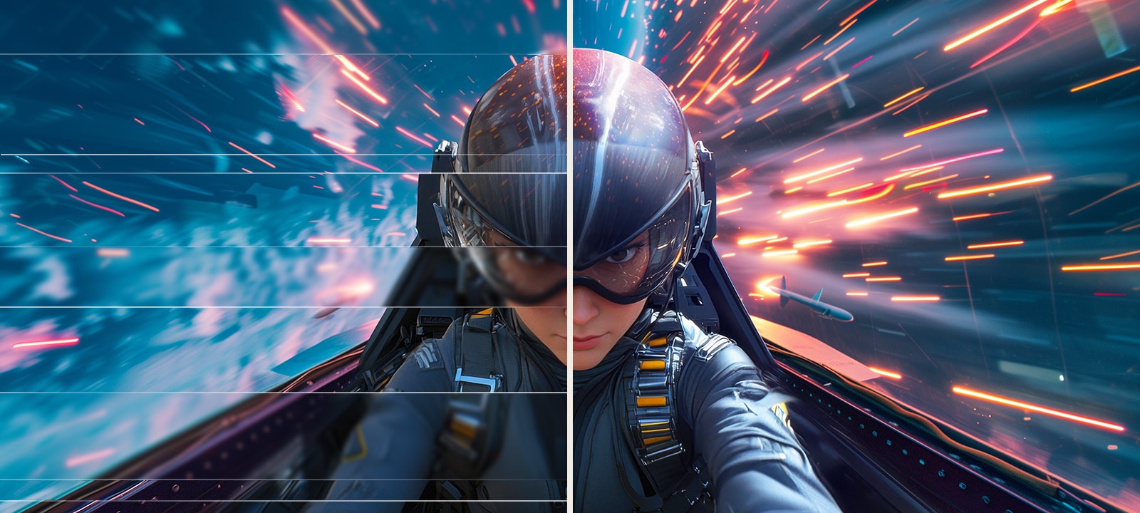 Split-screen image comparing screen tearing and stutter on the left with smooth, clear gameplay on the right, showing the effect of adaptive sync and high refresh rate	