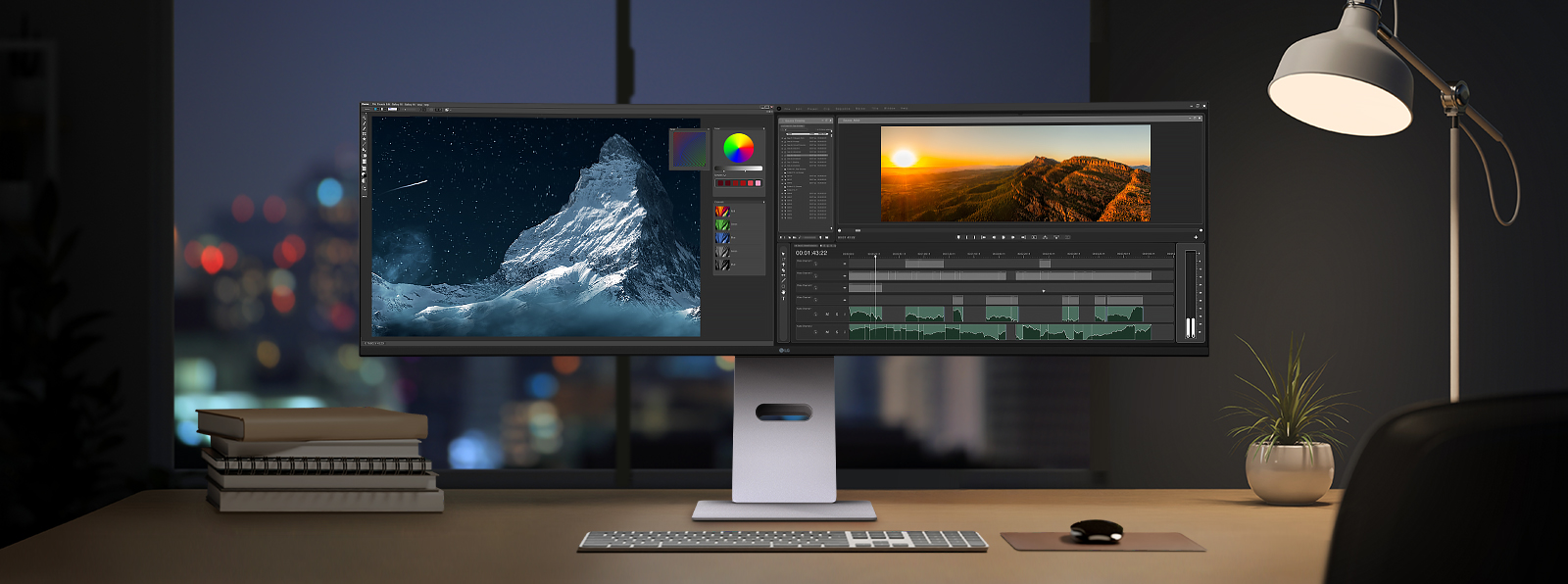 Split view showing the LG UltraWide monitor from a top-down angle with a curved display and minimal desk setup, alongside a close-up of the flat stand base for stable support.	