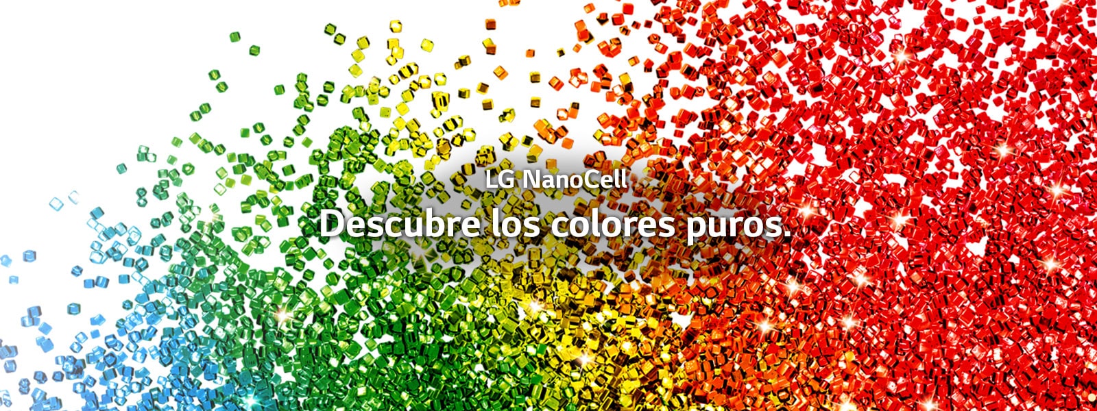 Una pantalla llena de partículas de colores vibrantes que salpican un fondo blanco.