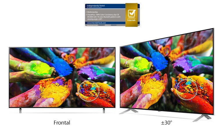 Dos LG NanoCell TV, uno al lado del otro, muestran una imagen de unas manos que sujetan partículas de tinte multicolor desde un ángulo de visión frontal y descentrado. La imagen permanece vívida y precisa, de manera uniforme, desde ambos ángulos.