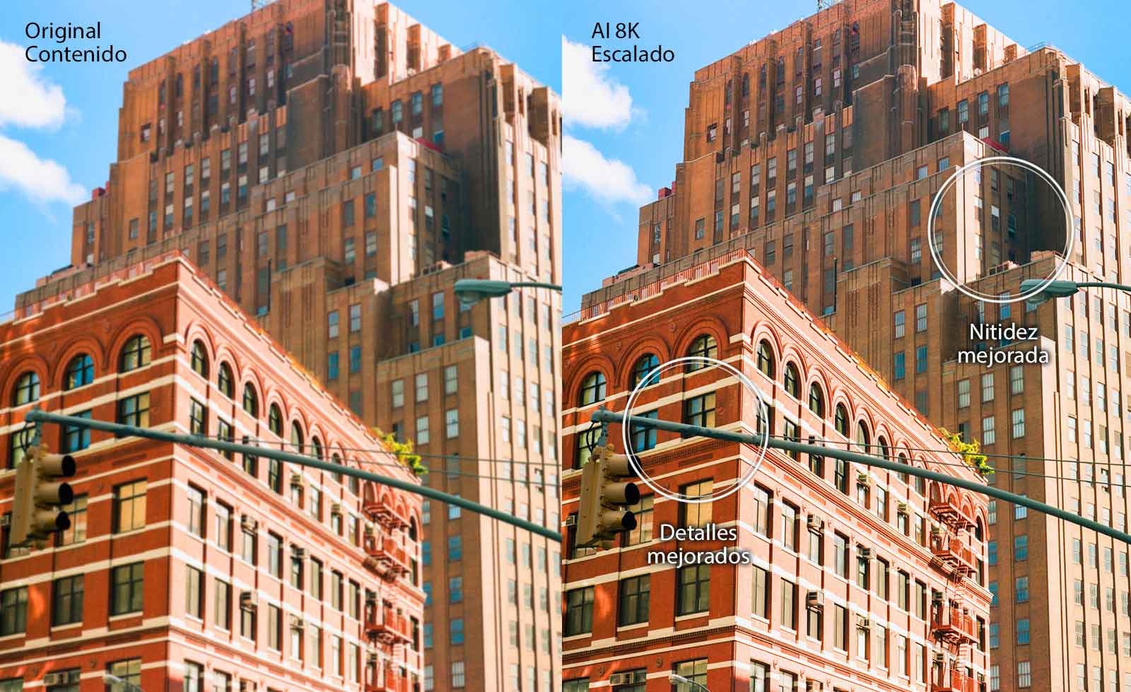 Imágenes paralelas de edificios urbanos de ladrillo rojo. La imagen de la derecha es más nítida y clara, y muestra cómo mejoraría la imagen con el escalado 8K inteligente.