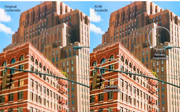 Imágenes paralelas de edificios urbanos de ladrillo rojo. La imagen de la derecha es más nítida y clara, y muestra cómo mejoraría la imagen con el escalado 8K inteligente.