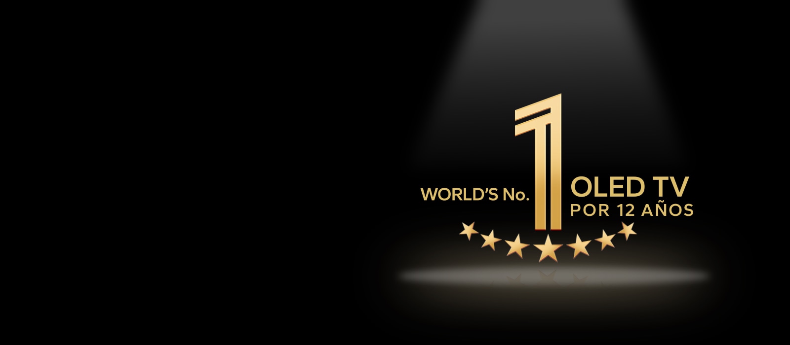 Un emblema dorado del televisor OLED número 1 del mundo durante 11 años sobre un fondo negro. Un foco brilla sobre el emblema y estrellas abstractas doradas llenan el cielo sobre él