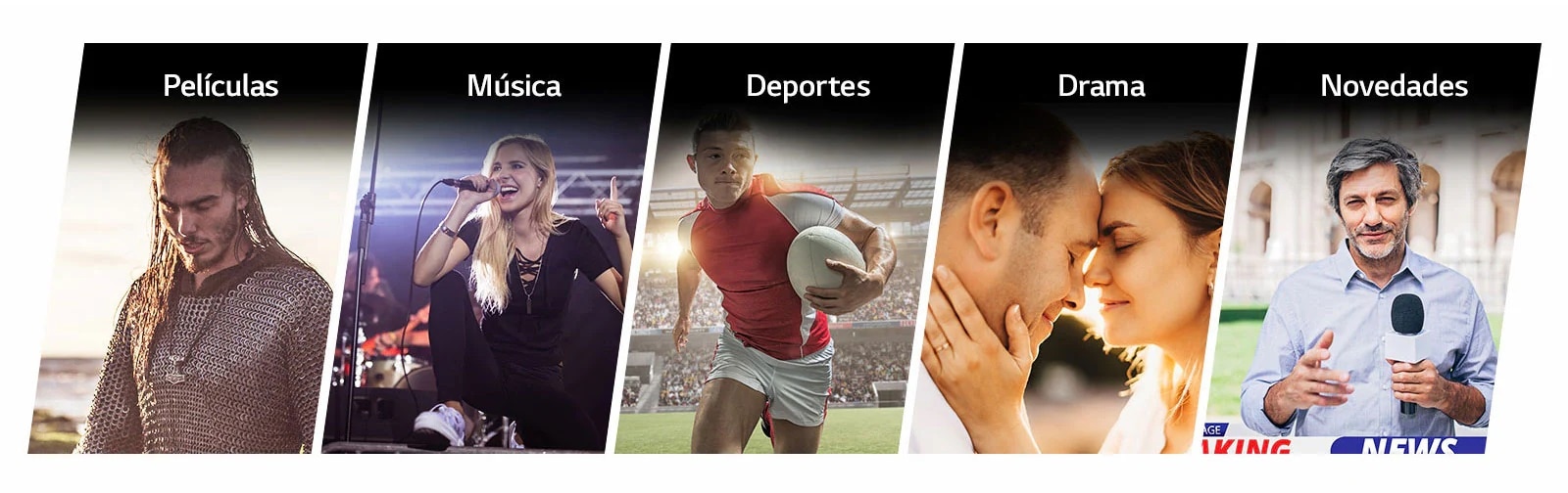 Cinco imágenes de izquierda a derecha de un hombre con armadura de cota de malla, una mujer cantando ante un micrófono, un jugador de rugby, una pareja con las cabezas juntas y un hombre dando las noticias.