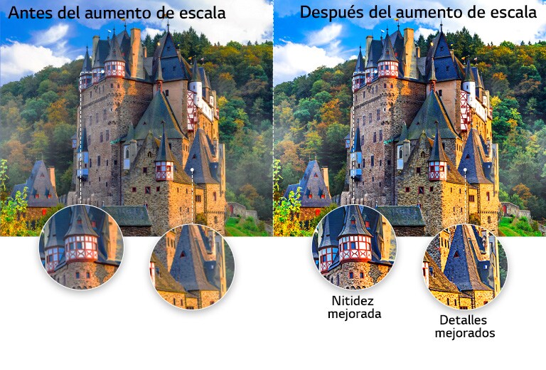 Comparación de la calidad de la imagen de un castillo antiguo en medio de un bosque con el primer plano de uno de los tejados con mayor nitidez y detalle después del aumento de escala.