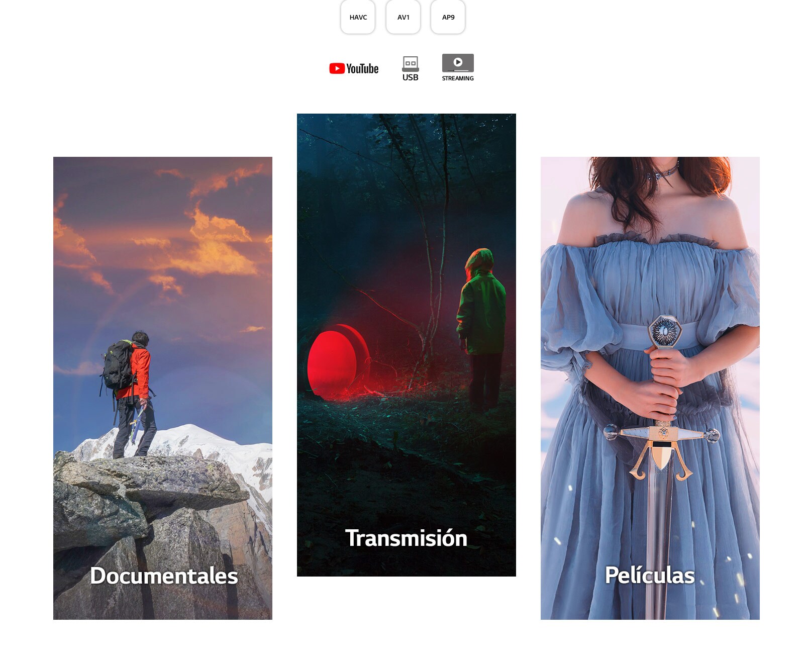 Una escena vertical de un documental donde se muestra a un hombre en la cima de la montaña, un servicio de transmisión que muestra a un niño mirando una luz roja circular en el bosque y una película que muestra a una mujer sosteniendo una espada.