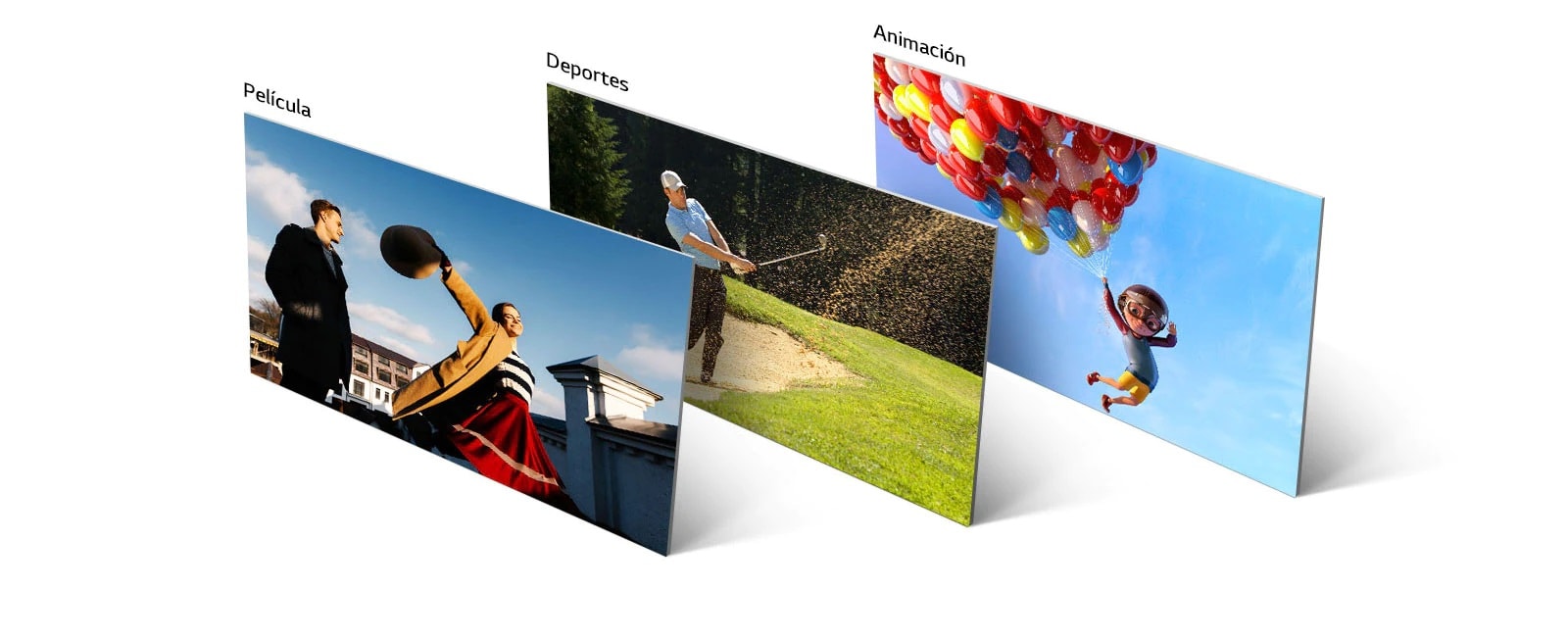 Una escena de película, un juego de golf y una animación se muestran alineadas vertical y oblicuamente.