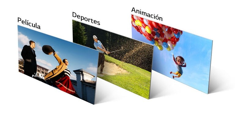 Una escena de película, un juego de golf y una animación se muestran alineadas vertical y oblicuamente.