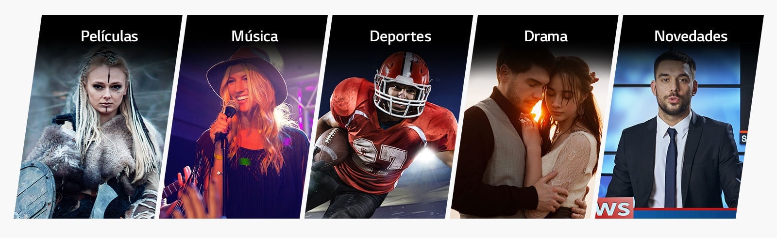 Cinco títulos verticales para películas, música, deportes, drama y noticias.