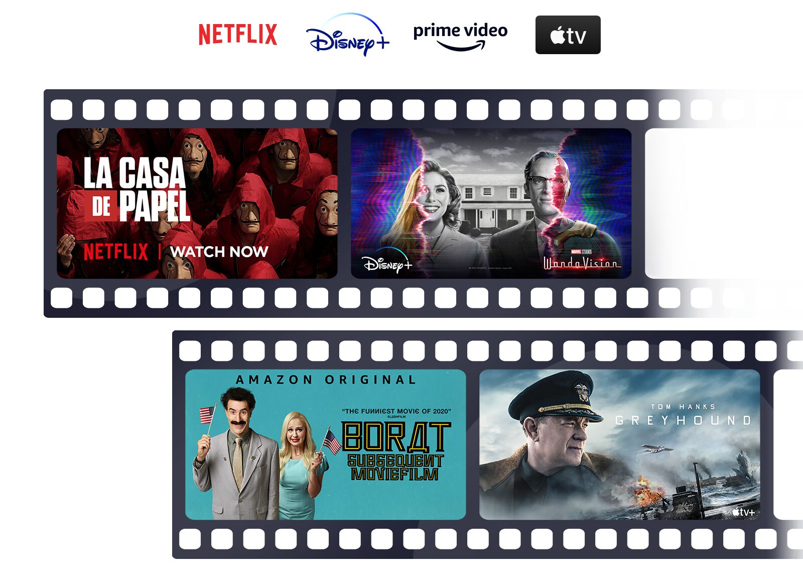 Los logos de Netflix, Disney+, Amazon Prime Video y Apple TV están alineados horizontalmente. Debajo de los logos, pósters de Borat: Subsequent Moviefilm de Amazon Original, La Casa de Papel de Netflix, WandaVision de Disney+, y Greyhound de Apple TV también están en línea horizontal.