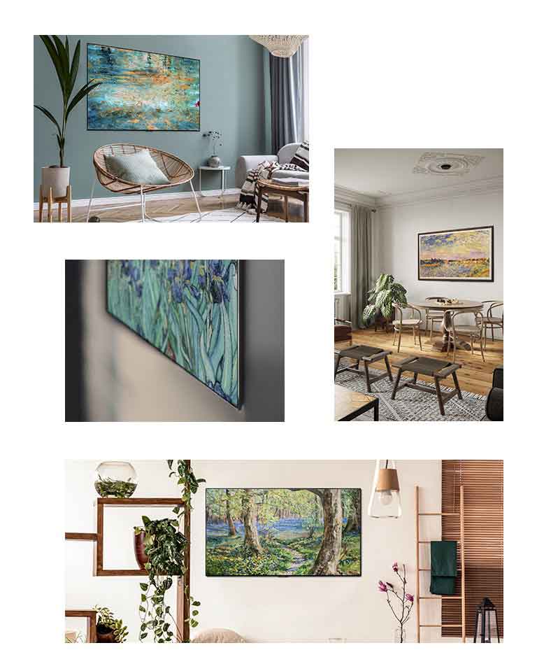 Un televisor que muestra un cuadro se encuentra colgado en la pared de una sala con una silla, un sofá y una maceta. Un primer plano del borde de un televisor de diseño delgado que muestra un cuadro. Un televisor que muestra un cuadro se encuentra colgado en la pared de una sala con una mesa, sillas y una maceta. Un televisor que muestra un cuadro se encuentra colgado en la pared de una sala con macetas y una escalera.