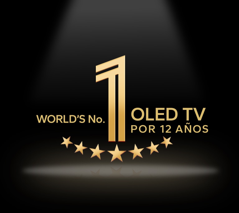 Un emblema dorado del televisor OLED número 1 del mundo durante 11 años sobre un fondo negro. Un foco brilla sobre el emblema y estrellas abstractas doradas llenan el cielo sobre él