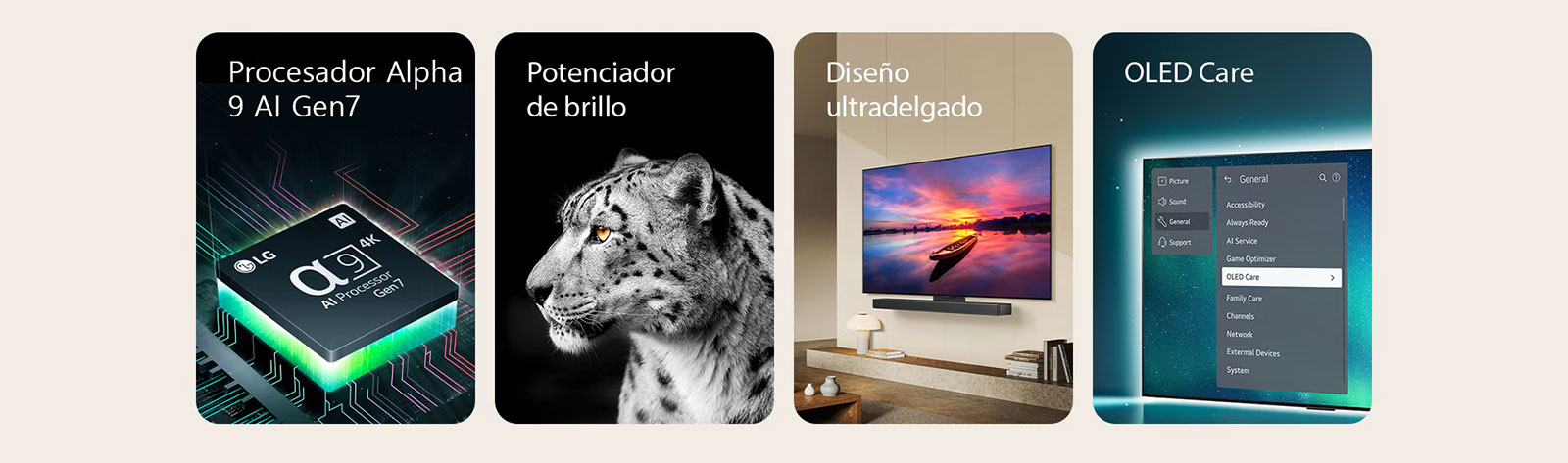 El procesador AI alpha 9 Gen7 de LG encima de una placa base, emitiendo rayos de luz verdes. Potenciador de brillo con unladoImagen de la cara de un leopardo blanco. Ultradelgados y preparados para la barra de sonido LG, ya que se colocan contra la pared en un espacio habitable moderno. OLED TV con el menú OLED Care se selecciona en el menú de soporte que se encuentra en la pantalla.