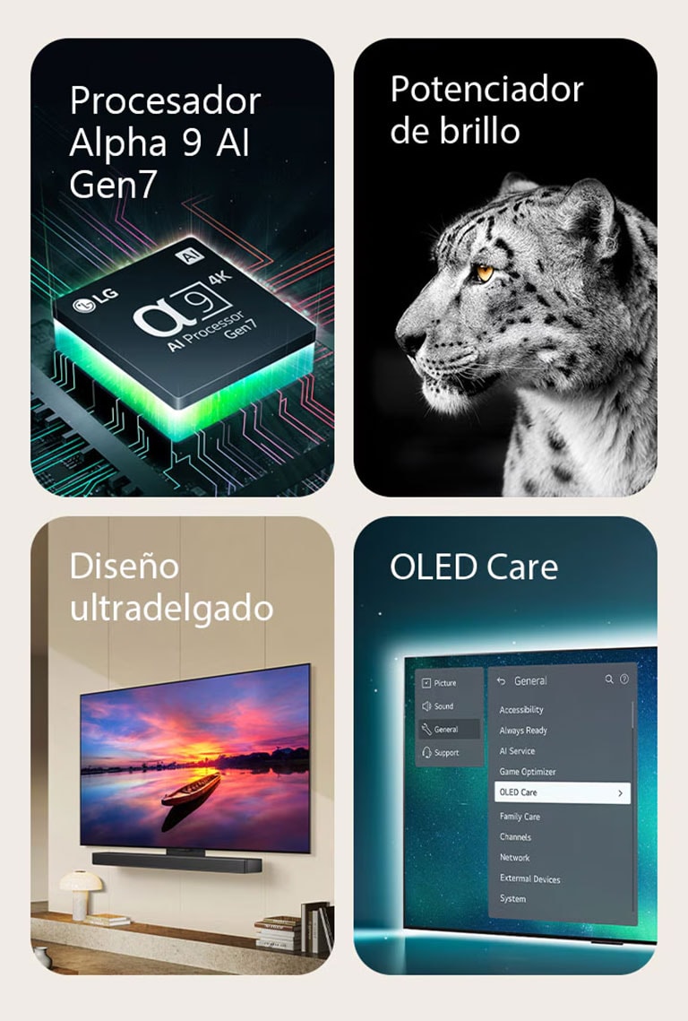 El procesador AI alpha 9 Gen7 de LG encima de una placa base, emitiendo rayos de luz verdes. Potenciador de brillo con unladoImagen de la cara de un leopardo blanco. Ultradelgados y preparados para la barra de sonido LG, ya que se colocan contra la pared en un espacio habitable moderno. OLED TV con el menú OLED Care se selecciona en el menú de soporte que se encuentra en la pantalla.