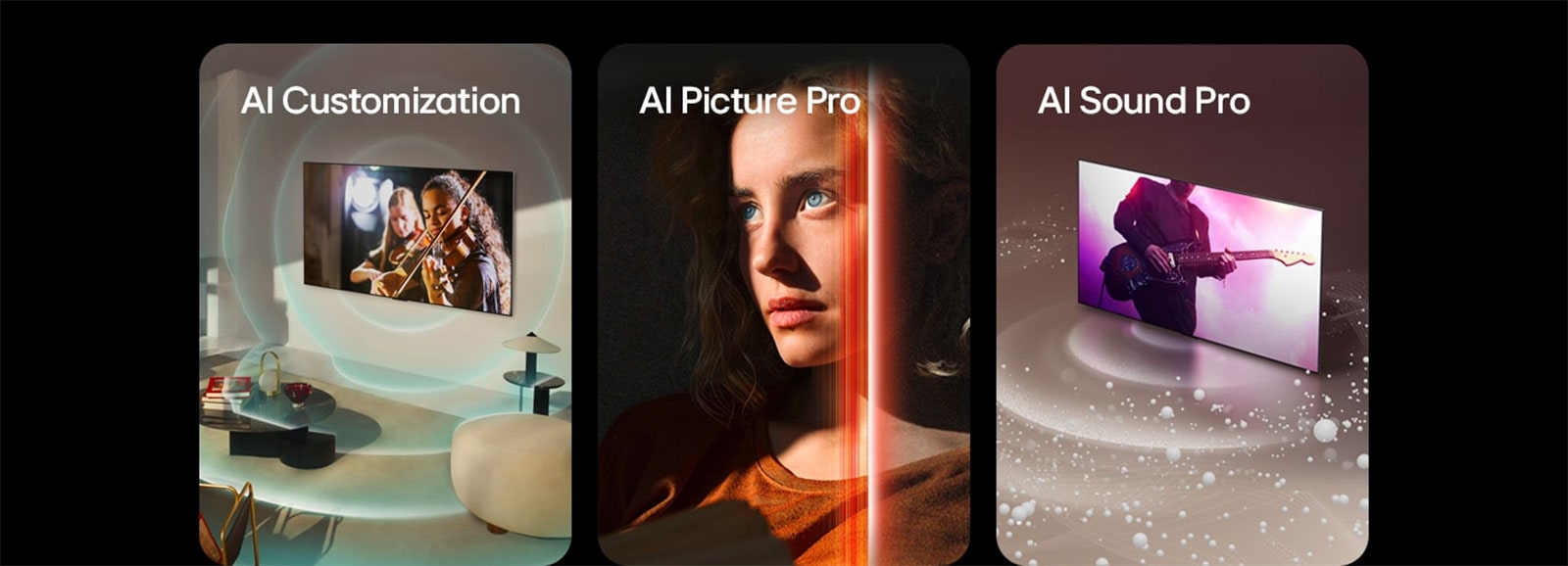 LG OLED en un espacio moderno que muestra una actuación musical en la pantalla. Ondas circulares azules que representan personalización rodean el televisor y el espacio. Una mujer con penetrantes ojos azules y un top naranja quemado en un espacio oscuro. Las líneas rojas que representan los refinamientos de la IA cubren parte de su rostro, que es brillante y detallado, mientras que el resto de la imagen parece aburrido. LG OLED TV mientras burbujas y ondas sonoras se emiten desde la pantalla y llenan el espacio.
