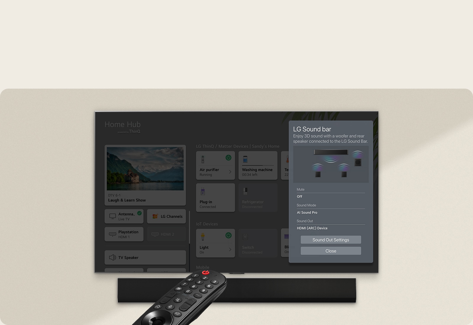 Un control remoto apuntando a un televisor LG OLED que muestra la configuración en el lado derecho de la pantalla.