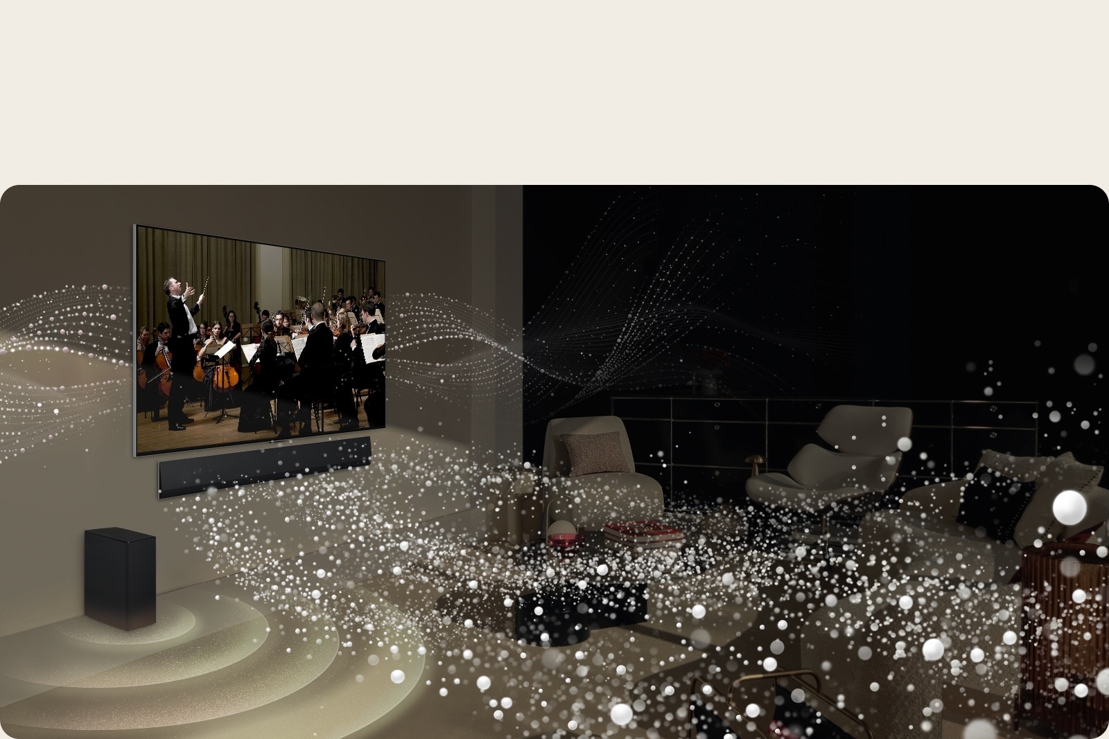 Televisor LG OLED y barra de sonido montados en la pared de una sala de estar y gráficos de formas brillantes por toda la habitación.