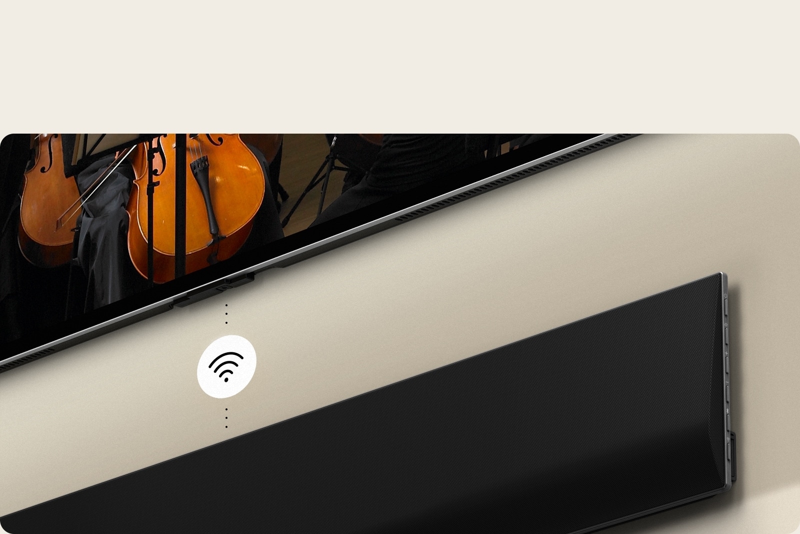 TV LG OLED y barra de sonido montadas en la pared con un símbolo de Wi-Fi blanco en el medio.