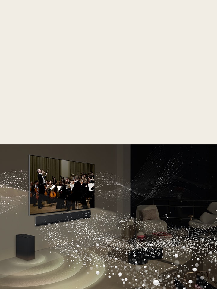 Televisor LG OLED y barra de sonido montados en la pared de una sala de estar y gráficos de formas brillantes por toda la habitación.