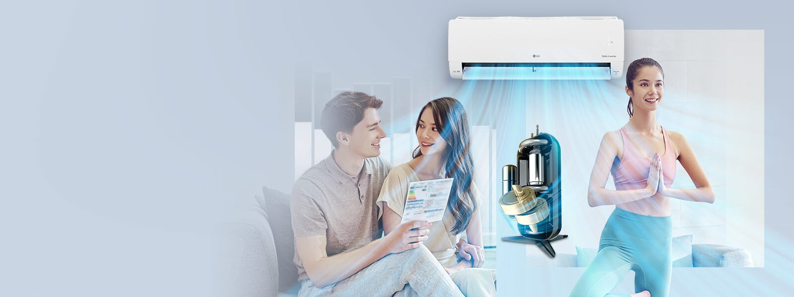 En la parte superior de la imagen aparece un aire acondicionado LG con líneas azules que salen imitando el aire frío. Justo delante del acondicionador de aire hay una imagen del Dual Inverter Compressor de LG. Una mujer se ubica en la corriente de aire fresco haciendo yoga y sonriendo. En primer plano hay un hombre y una mujer que se sonríen mutuamente, mientras sostienen la tabla de consumo de energía de LG.