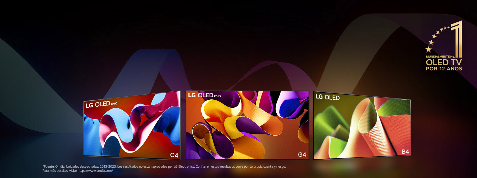 "Los televisores LG OLED evo TV C4, evo G4, and B4 colocados uno junto a otro en línea sobre un fondo negro con espirales de colores. El emblema del mejor OLED TV por 11 años aparece en la imagen.  Un aviso legal que dice lo siguiente: “Fuente: Omdia. Unidades enviadas entre 2013 y 2023. Los resultados no tienen la aprobación de LG Electronics. Confíe en estos resultados bajo su propia cuenta y riesgo. Visite https://www.omdia.com/ para obtener más información”."
