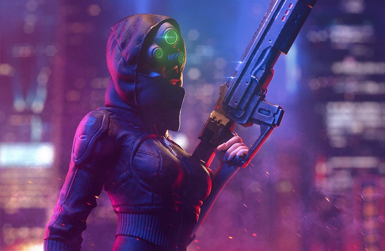 Una persona con equipo futurista sostiene una gran pistola sobre un fondo brillante.