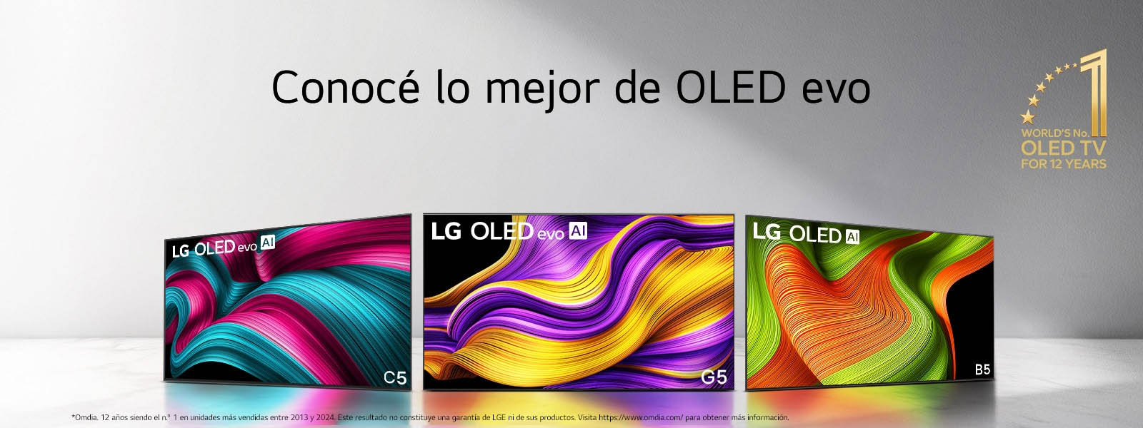 "Los televisores LG OLED evo colocados uno junto a otro en línea sobre un fondo negro con espirales de colores. El emblema del mejor OLED TV por 11 años aparece en la imagen.  Un aviso legal que dice lo siguiente: “Fuente: Omdia. Unidades enviadas entre 2013 y 2023. Los resultados no tienen la aprobación de LG Electronics. Confíe en estos resultados bajo su propia cuenta y riesgo. Visite&nbsp;https://www.omdia.com/&nbsp;para obtener más información”."
